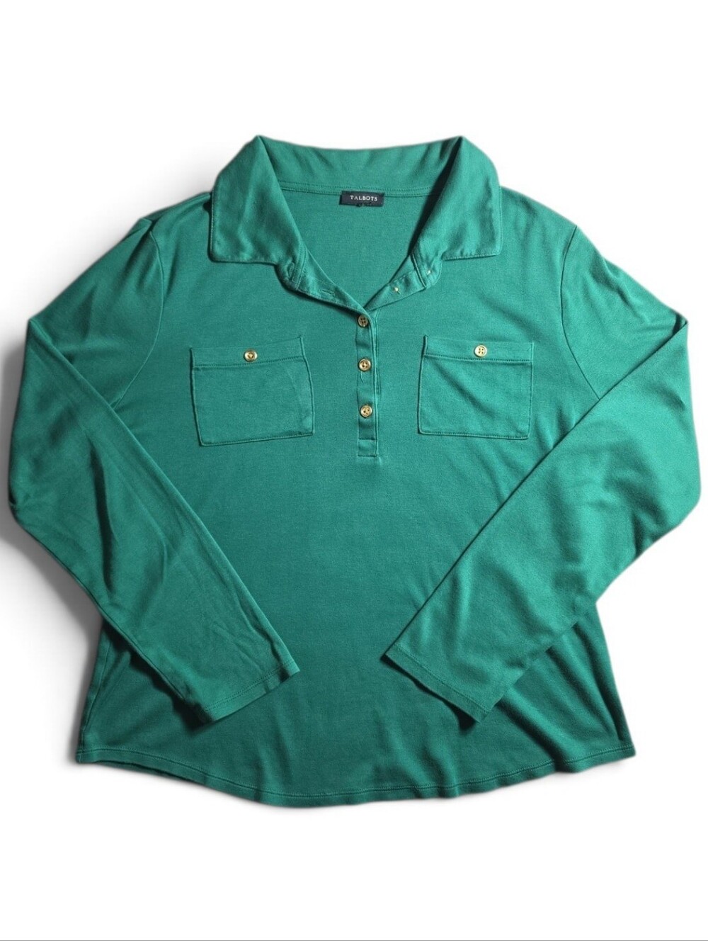 Talbots Teal Green Long-Sleeve Polo Top with Gold Buttons